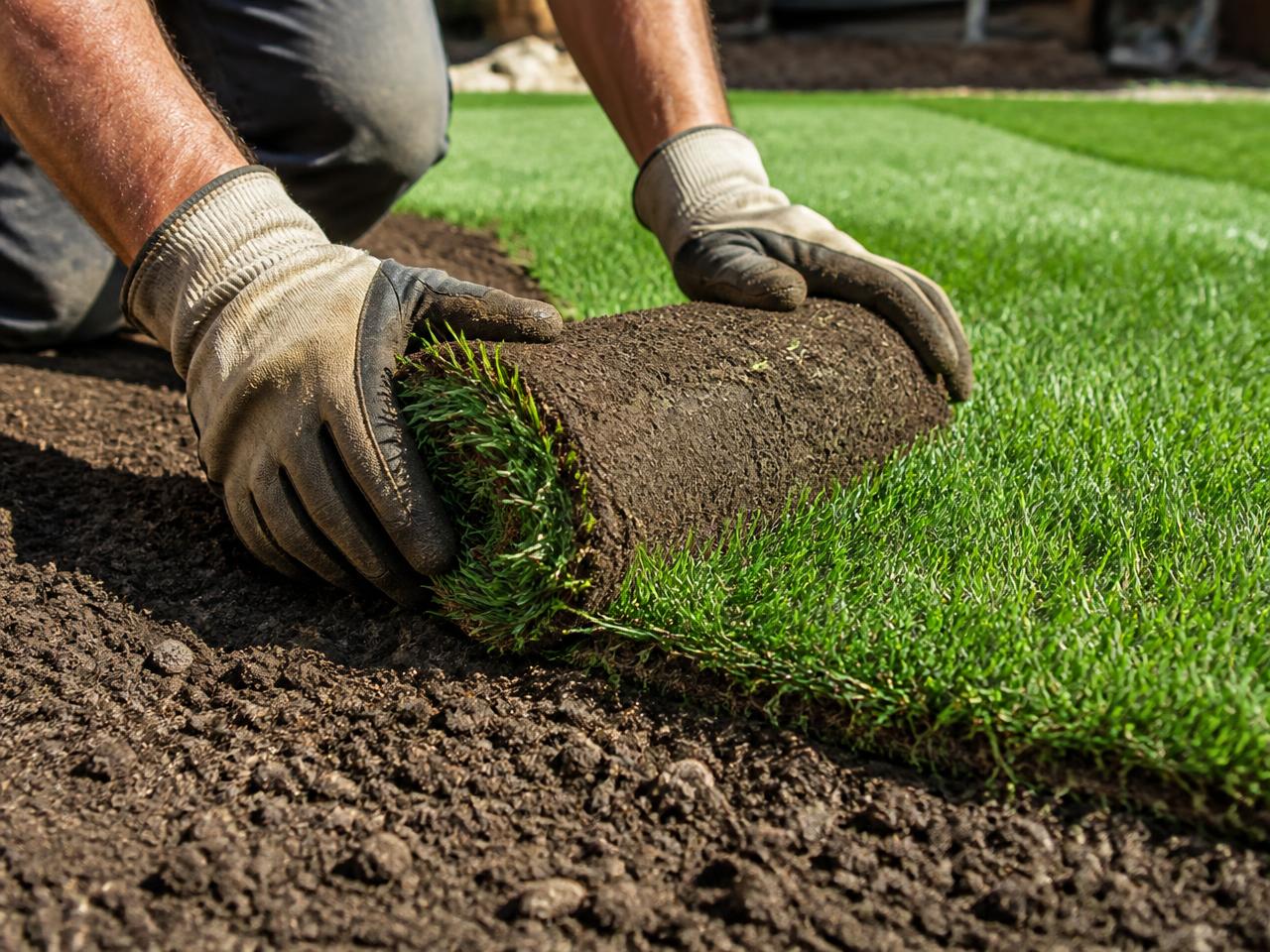 Installer laying a roll of fresh sod onto graded soil